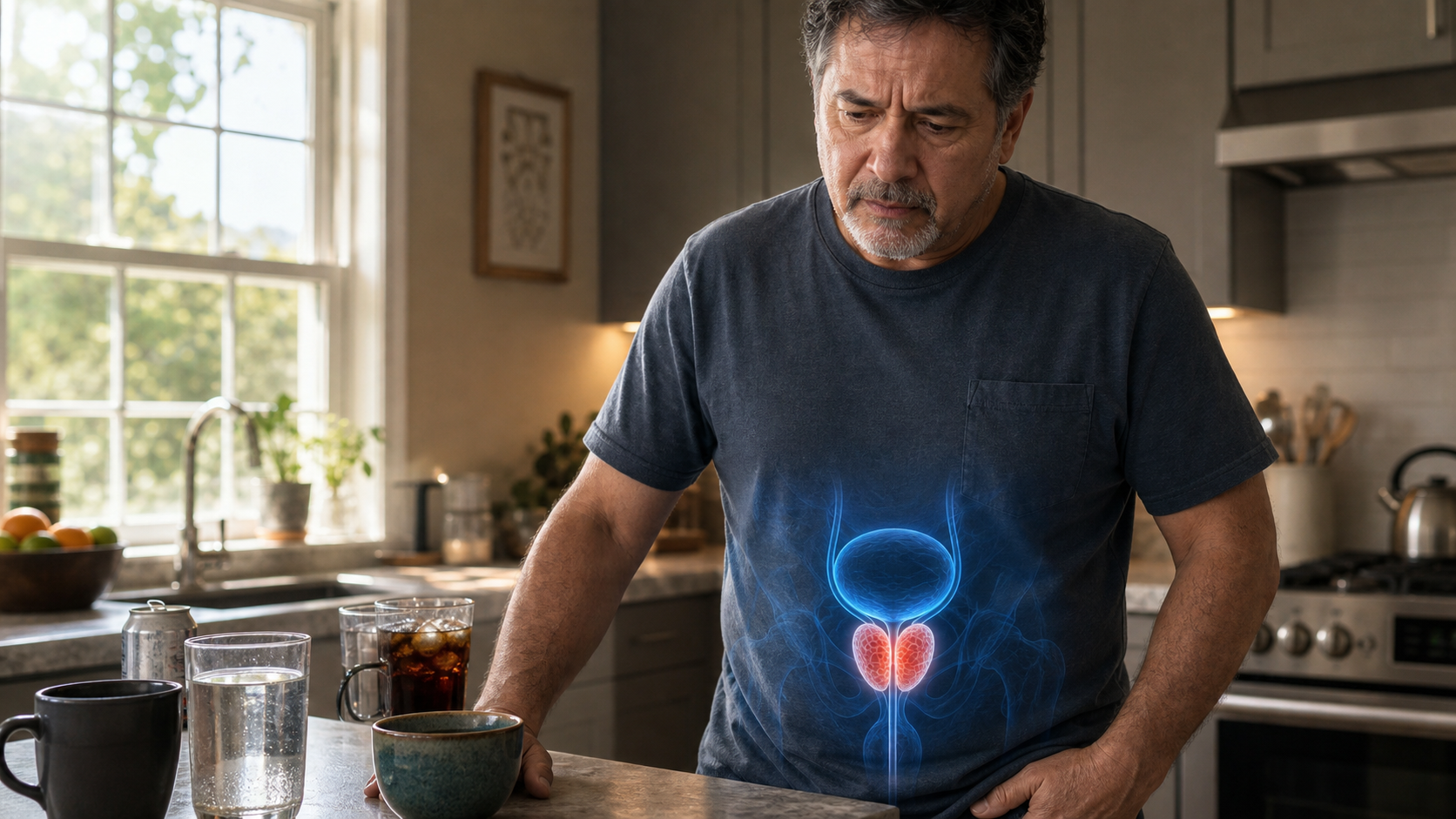 Man over 50 in his kitchen showing signs of prostate trouble