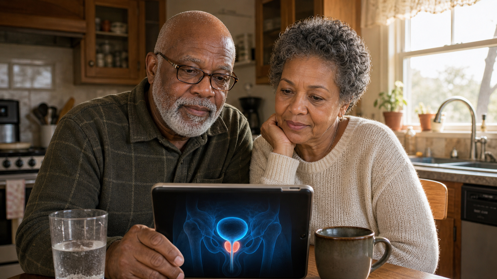 An older couple watching the explanation together at their kitchen table