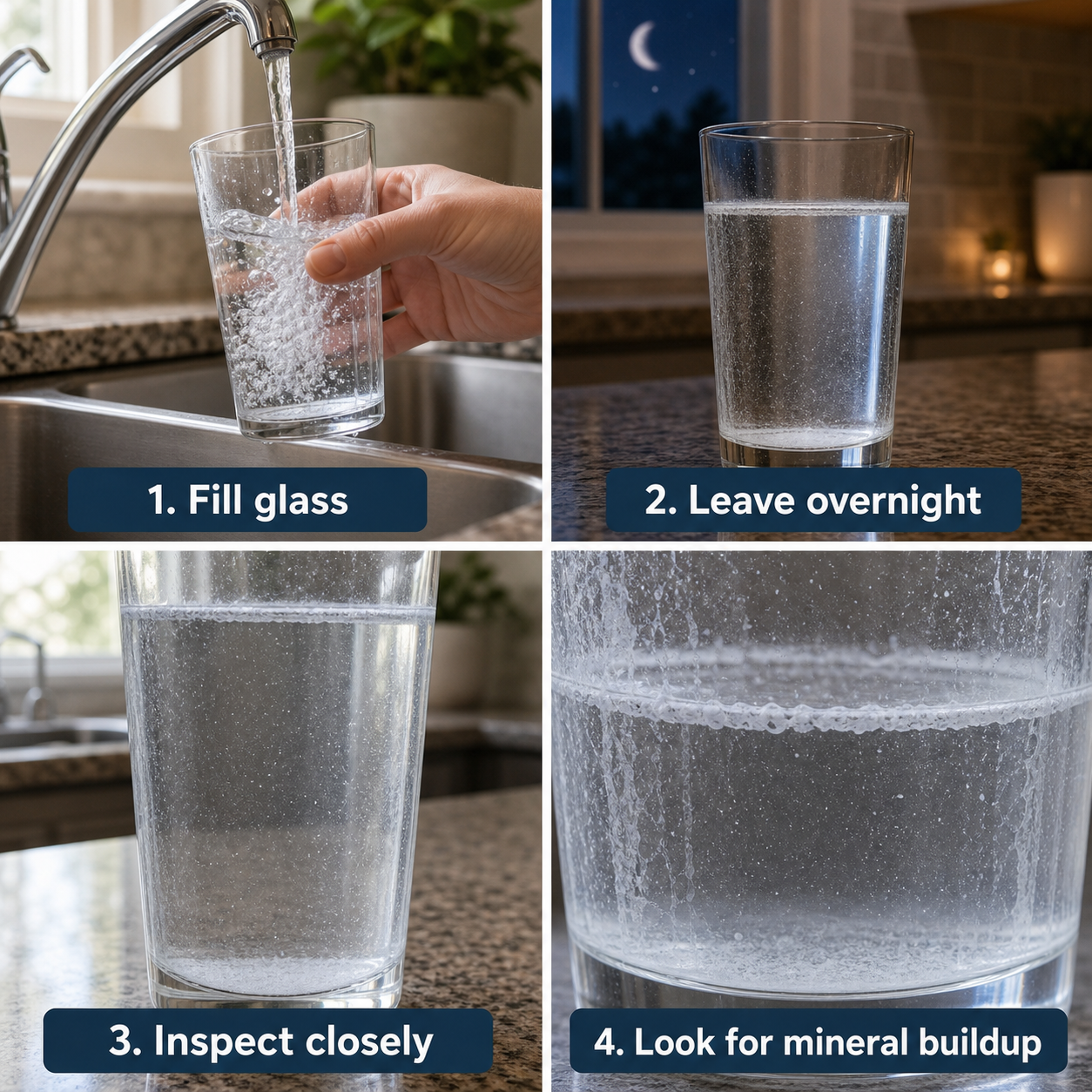 The four-step Water Glass Test: fill a glass with tap water, leave it overnight, inspect closely, and look for the white mineral buildup left behind