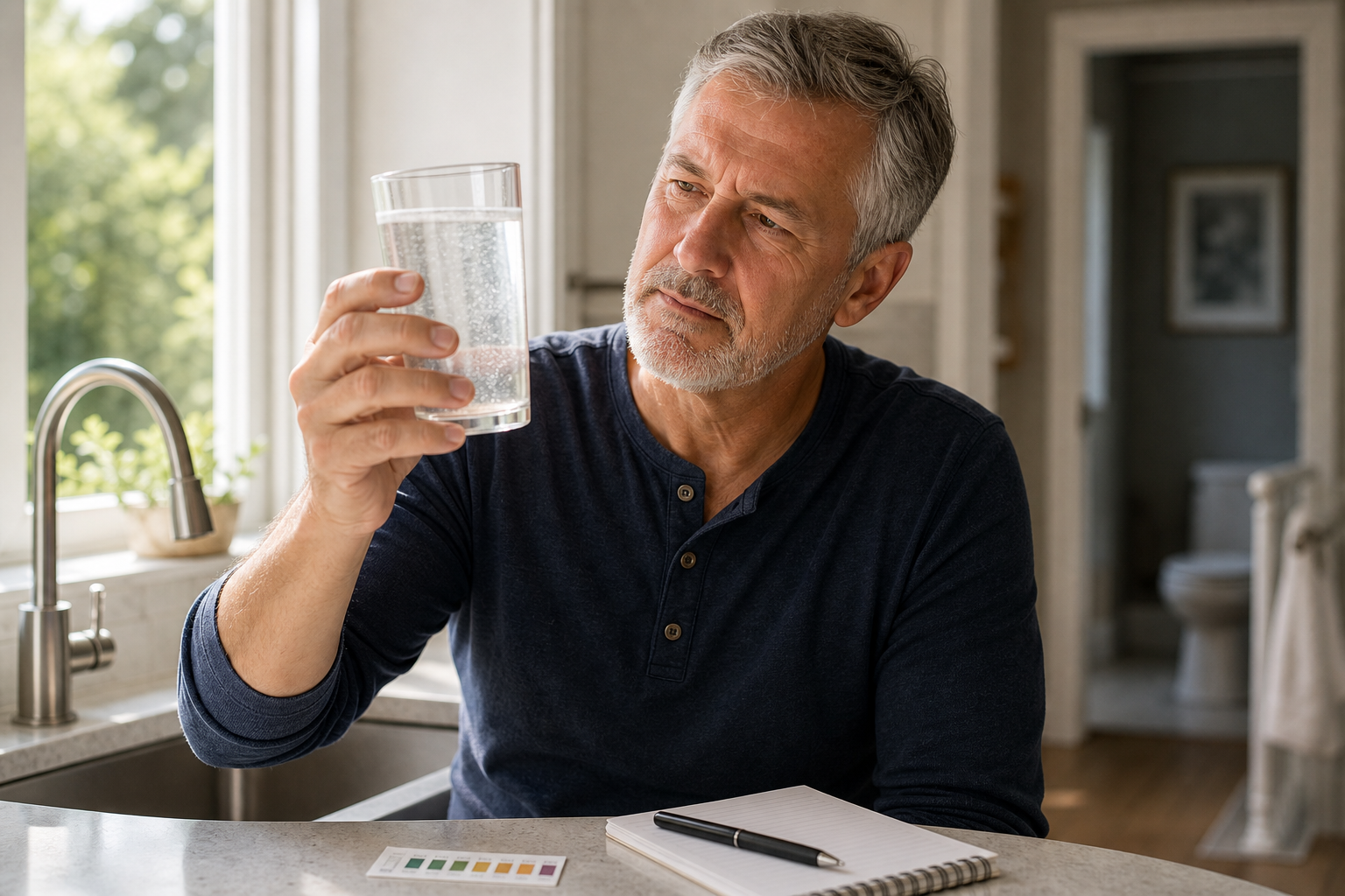 A man over 50 examining a glass of cloudy tap water at his kitchen counter